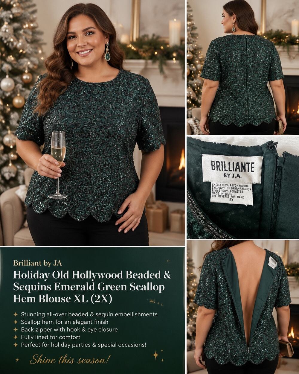 Vintage Brilliante by J.A. Black Beaded Sequin Scallop Hem Top Large XL Party